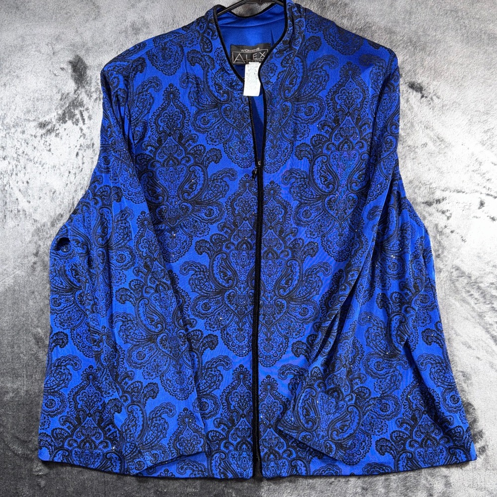 Alex Evenings Womens 2X Royal Blue Black Paisley Damask Zip Front Jacket Formal